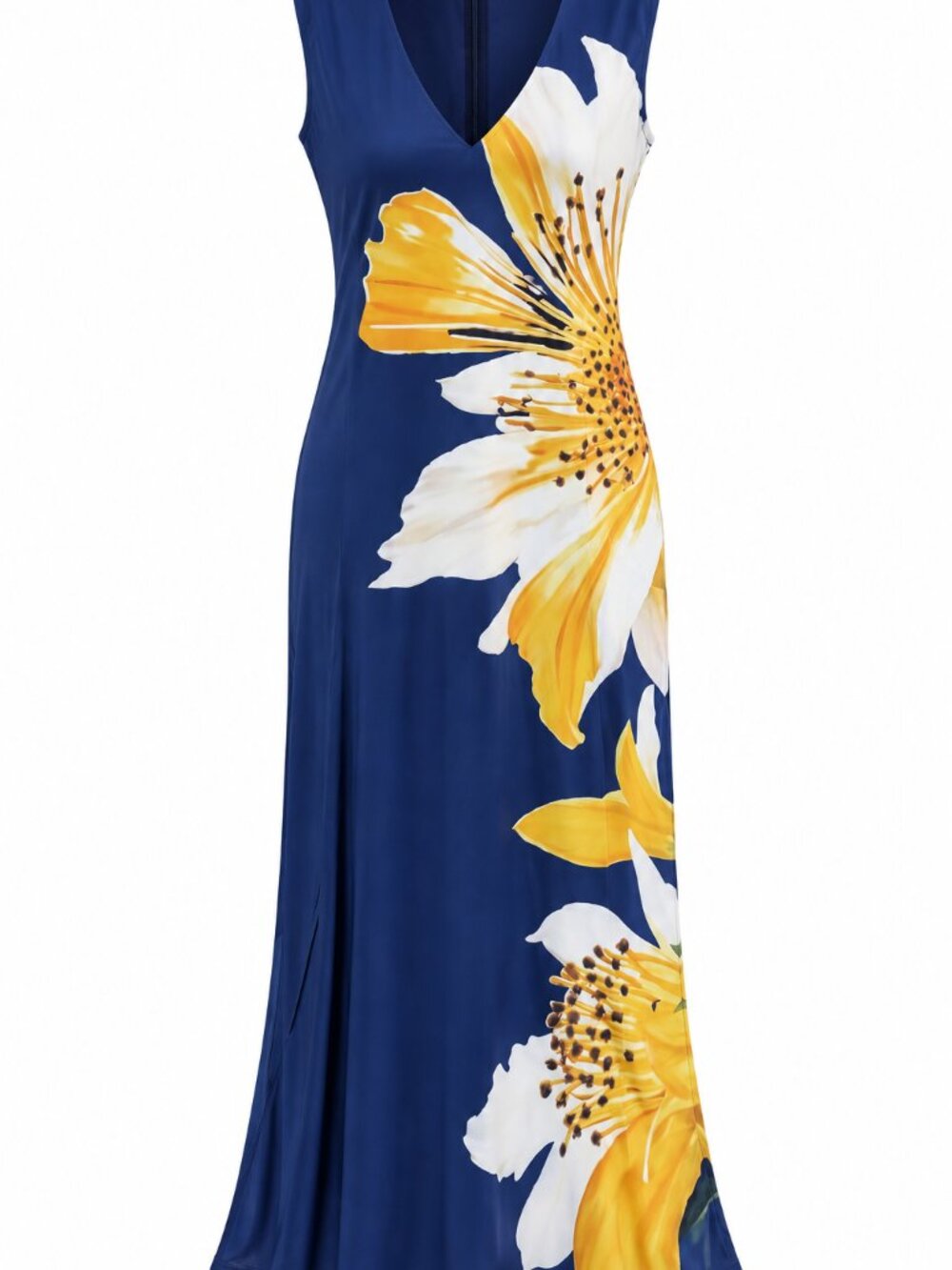 Women’s Navy Floral Maxi Dress Med Sleeveless Yellow White Flower Zip Back NWT